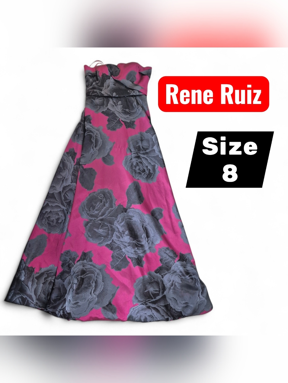 Rene Ruiz Strapless Satin Gown in Fuchsia with Black Floral NWT $399